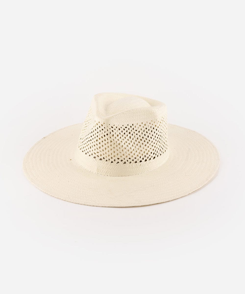 A natural white straw fedora hat with a wide brim and intricate venting details. #color_natural white
