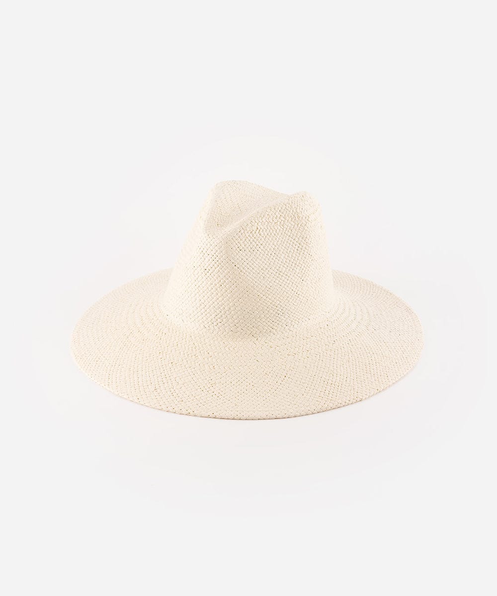 A white wide brim fedora straw hat on a plain background. #color_white