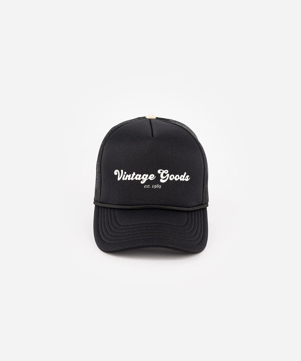 A black trucker hat with 'Vintage Goods' text on a white background #color_black