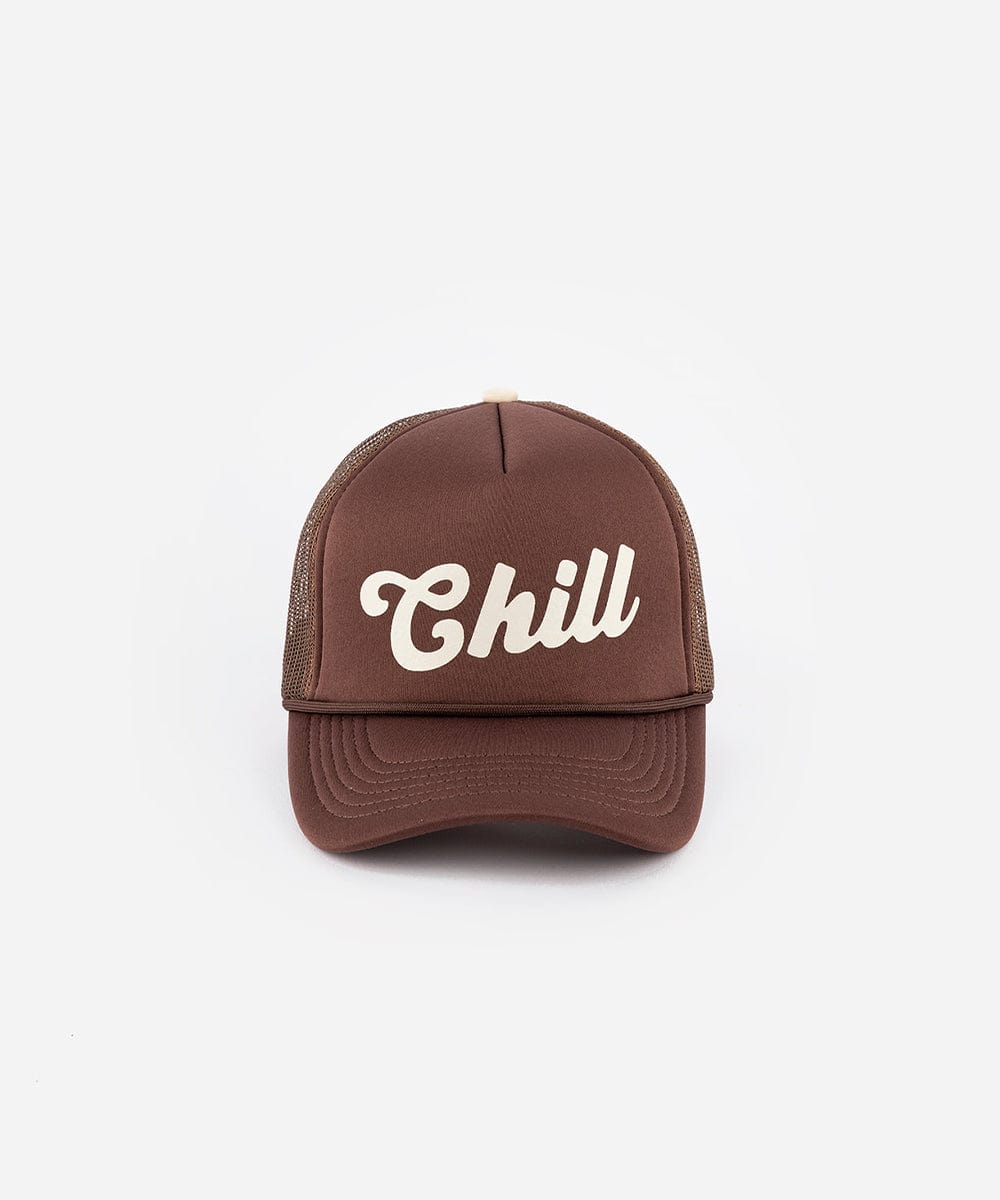 A chocolate brown colored trucker hat with the text 'Chill' on a white background #color_chocolate brown