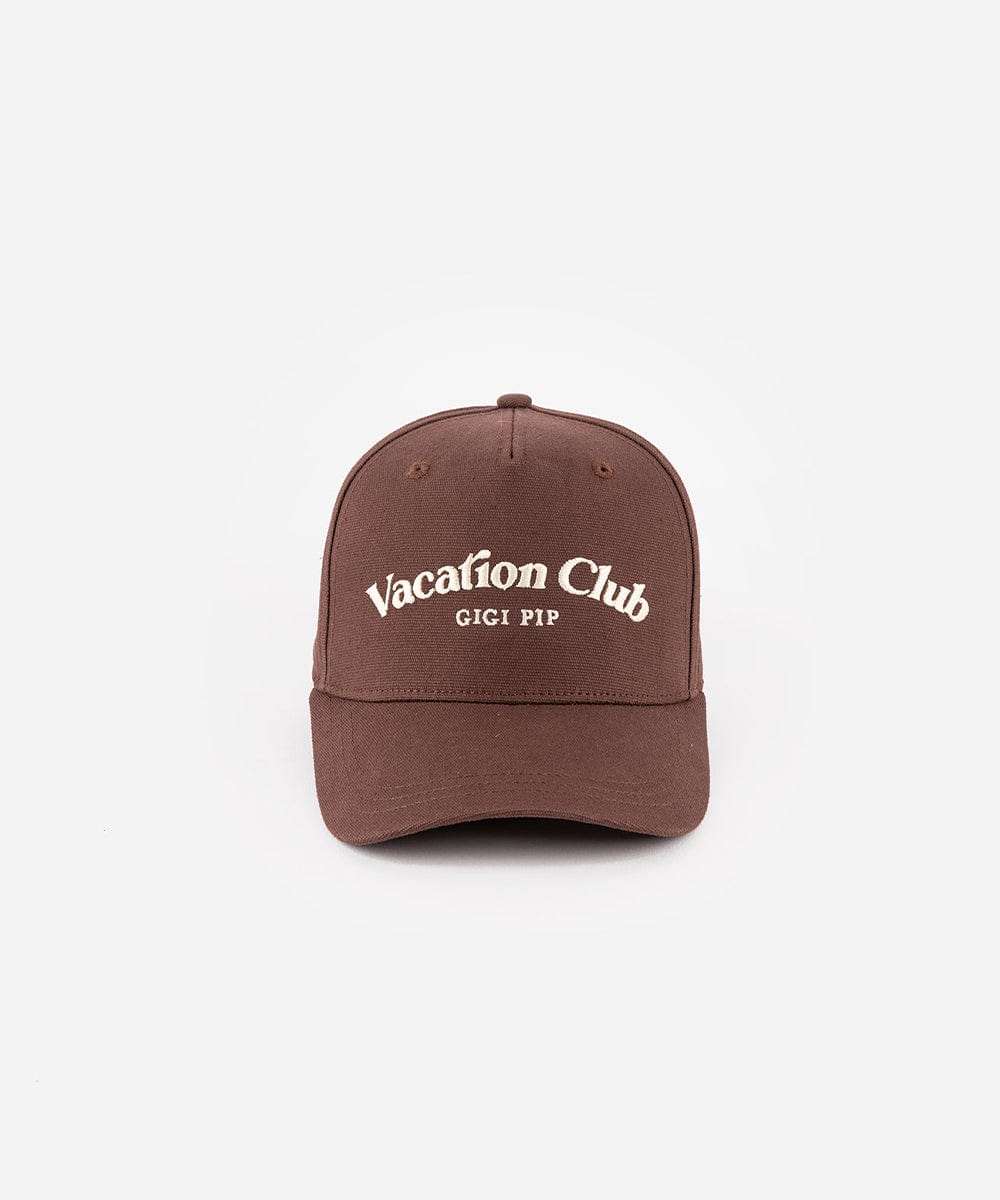 A chocolate brown colored cap with 'Vacation Club' text on a white background #color_chocolate brown