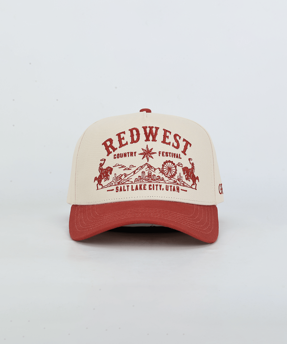 Cream and red trucker hat in a white background #color_cream - rust red