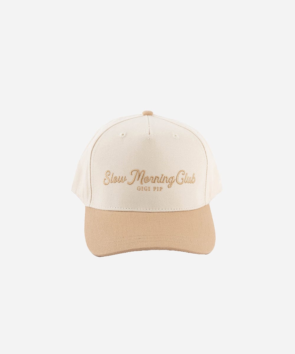 A cream and tan cap with 'Slow Morning Club' text on a white background #color_cream - tan