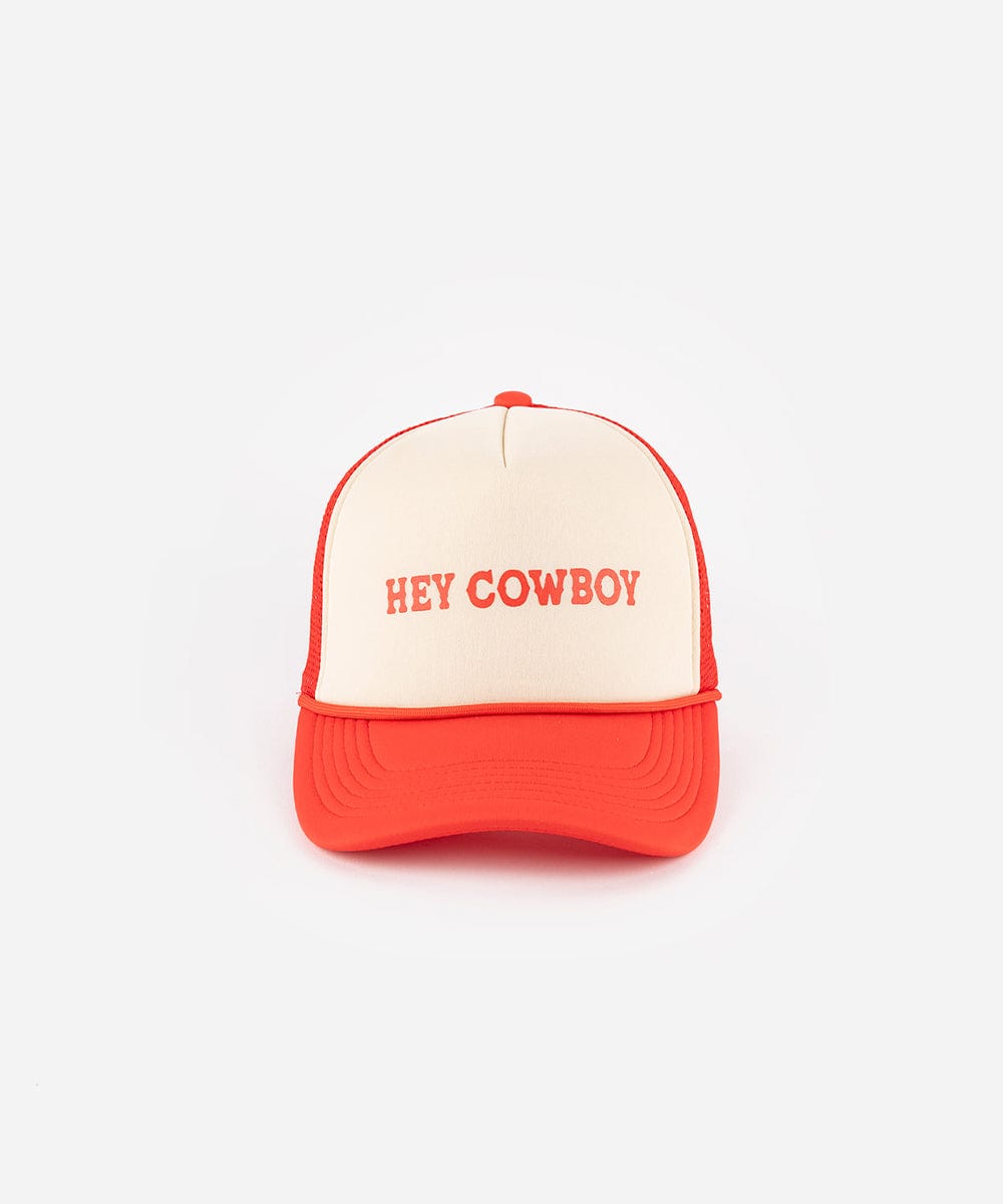 A cream and vintage red cap with 'Hey Cowboy' text on a white background #color_cream-vintage red