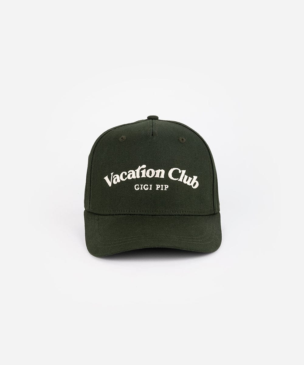 A dark green cap with 'Vacation Club' text on a white background #color_dark green