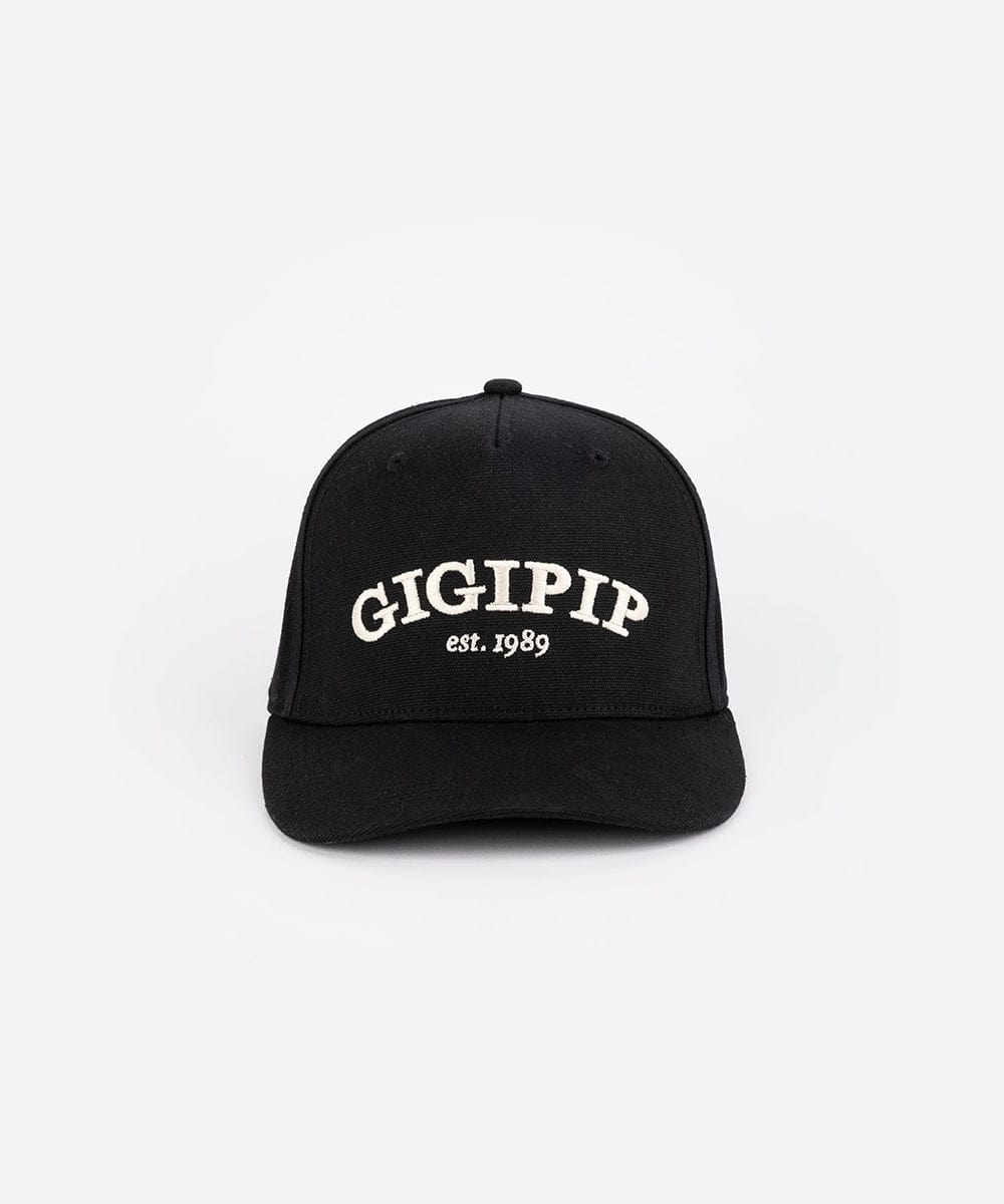 A black trucker hat with 'GIGI PIP' embroidered in white on the front against a plain background #color_black