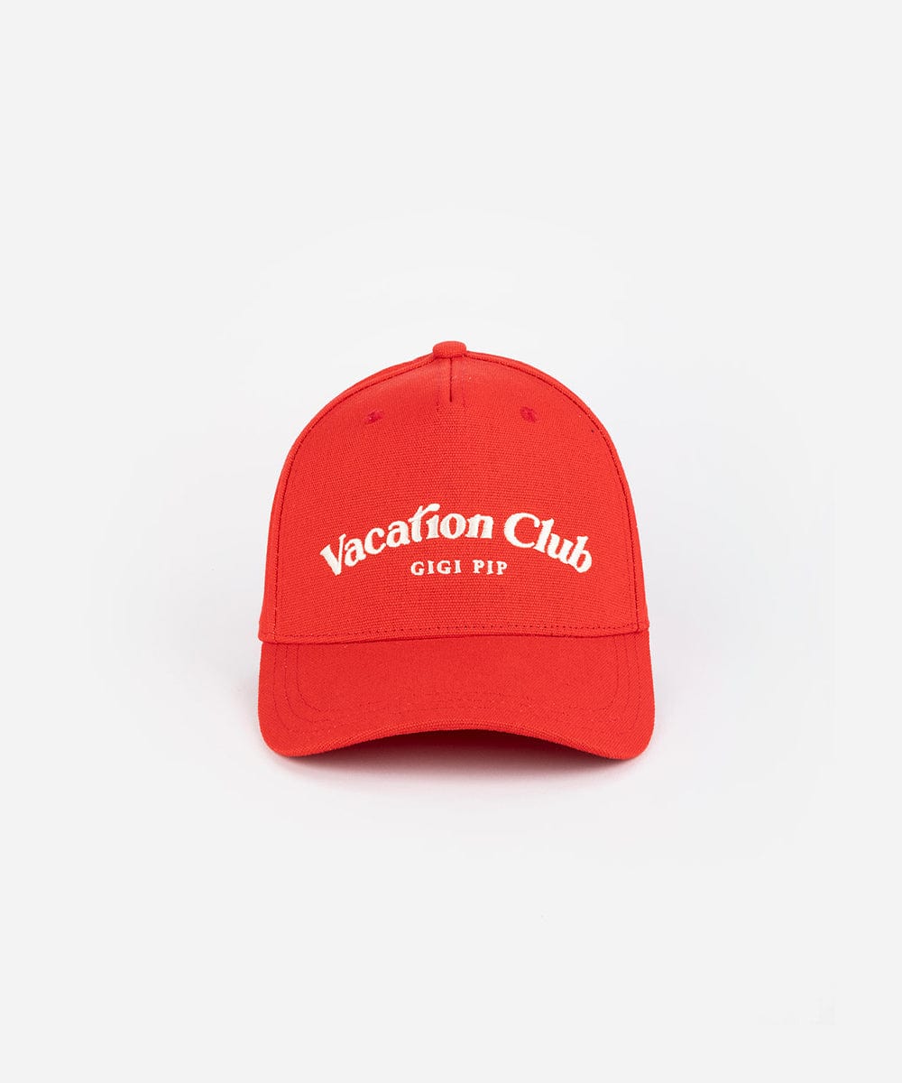 A red cap with 'Vacation Club' text on a white background #color_red
