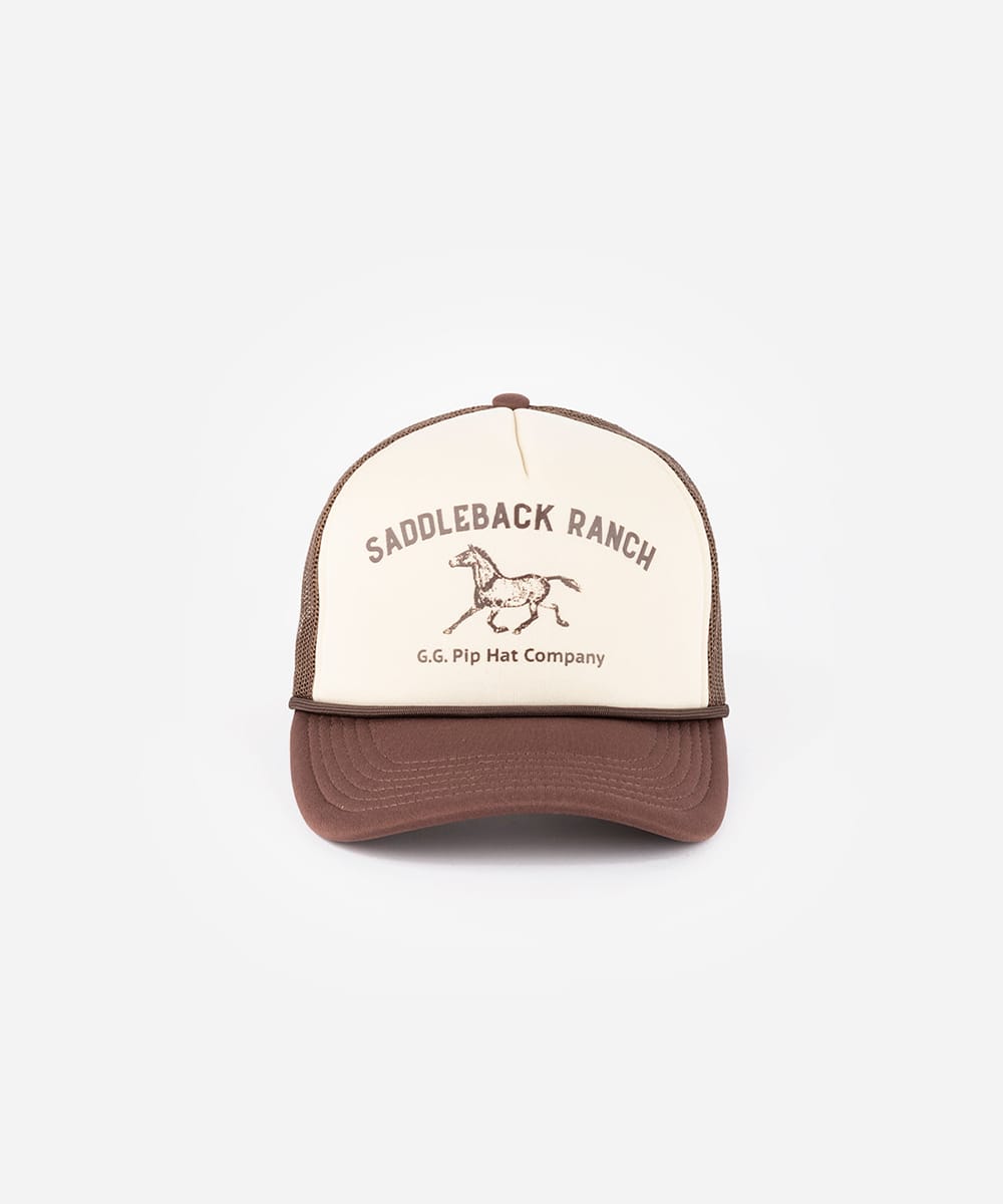 Trucker hat with 'Saddleback Ranch' and horse logo on a white background #color_cream-chocolate brown