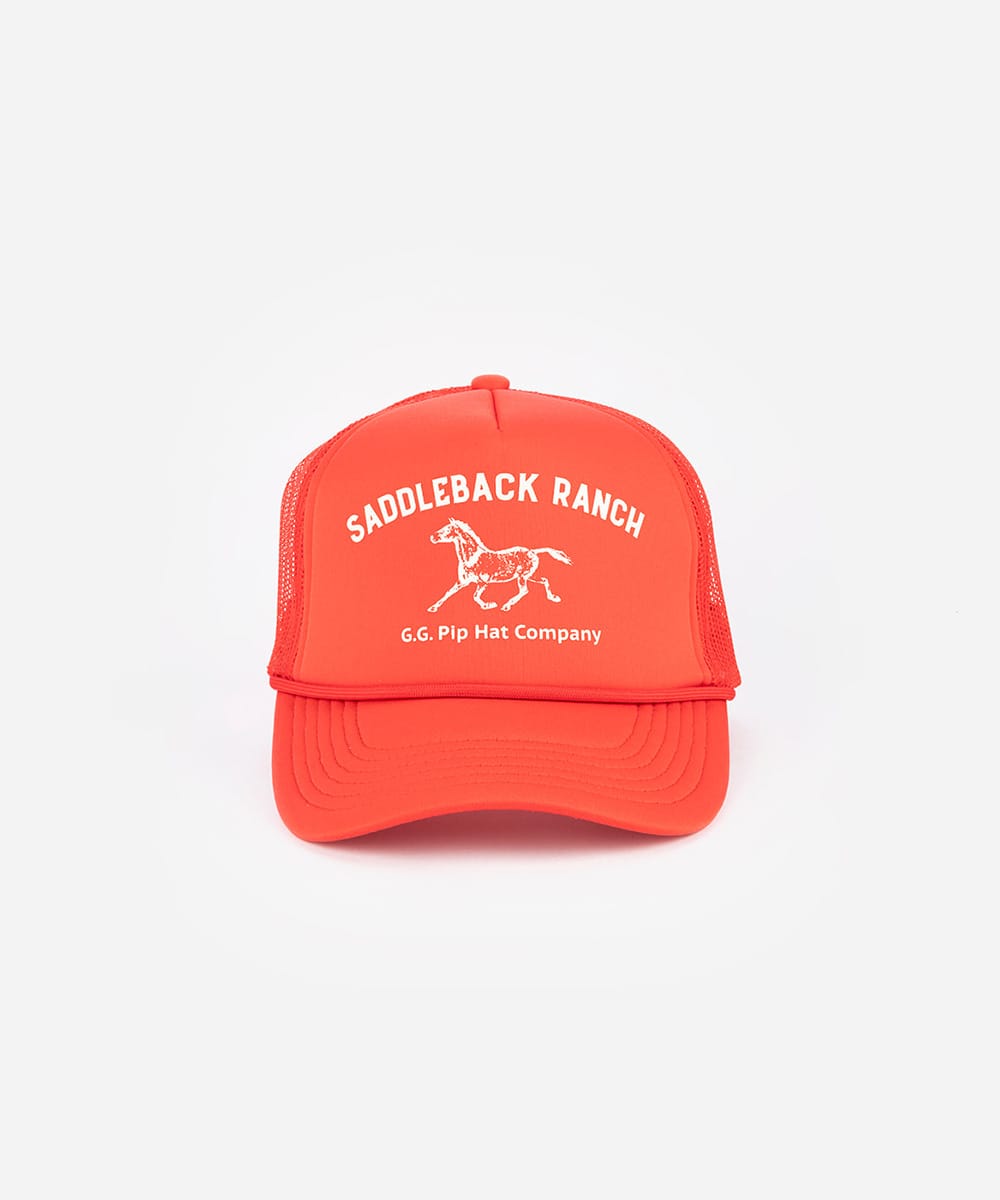 Red cap with 'Saddleback Ranch' and horse logo on a white background #color_vintage red