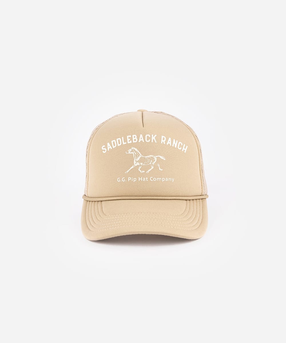 Beige cap with 'Saddleback Ranch' and horse logo on a white background #color_tan