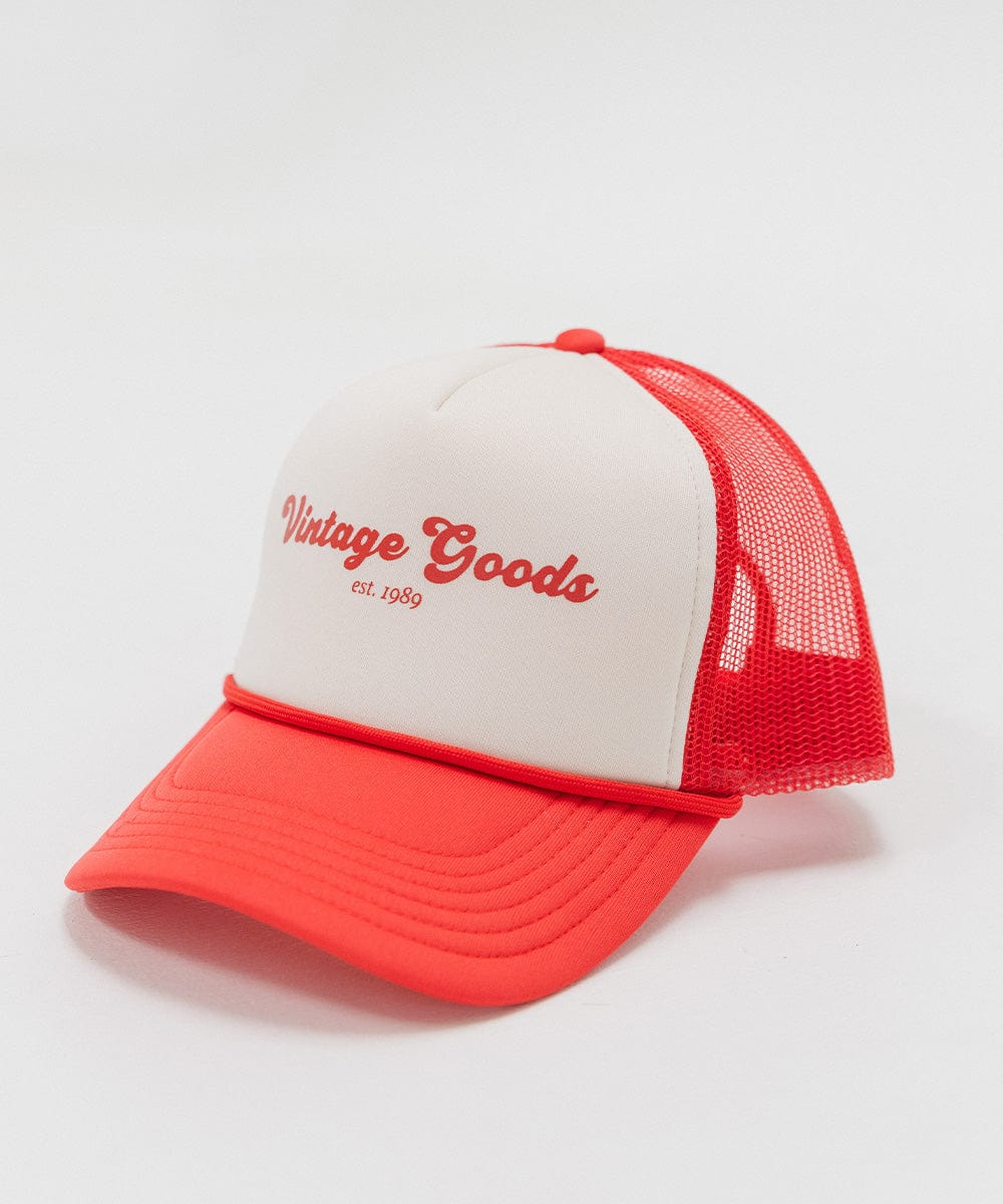 A cream and vintage red colored trucker hat with 'Vintage Goods' text on a white background #color_cream-vintage red