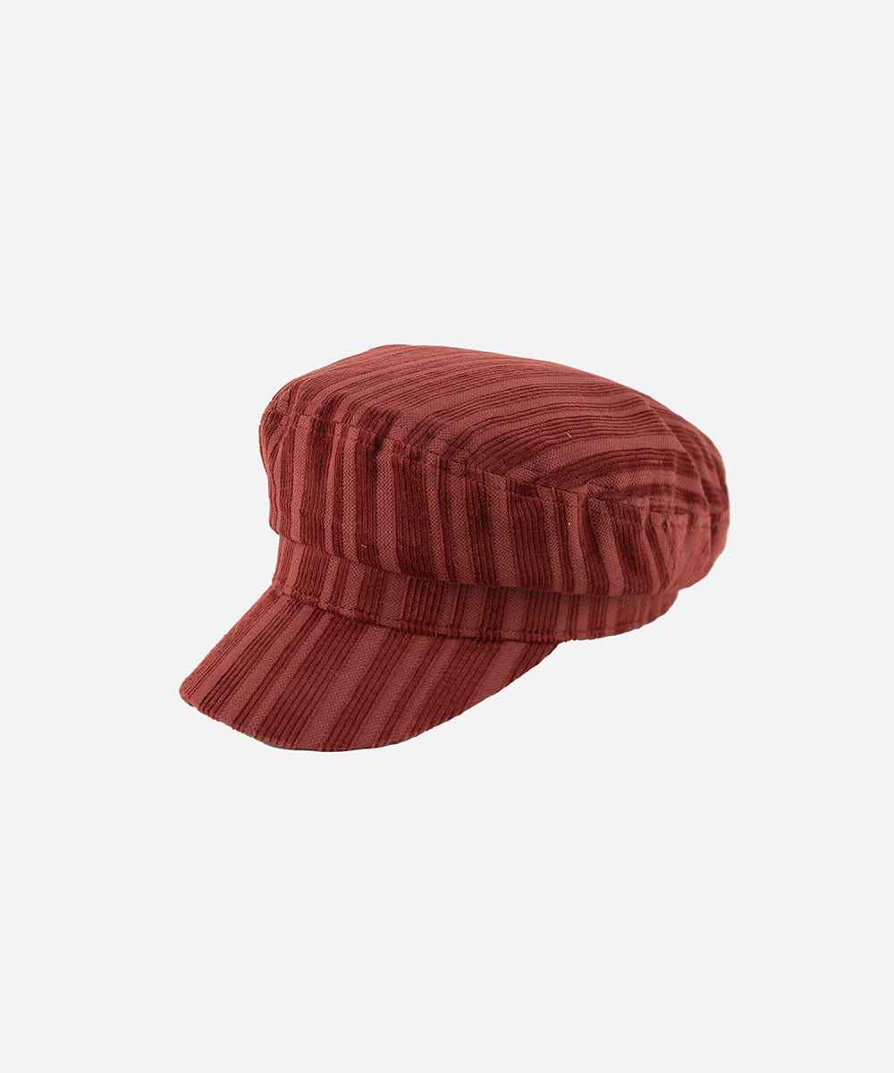 A crimson red colored striped cap on a plain background #color_crimson red