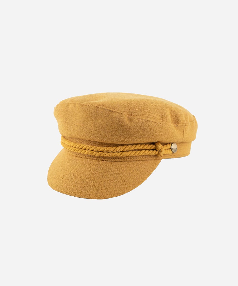A mustard colored fisherman cap with a rope detail on a plain background #color_mustard