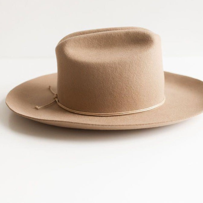 A beige hat with a tan double strand rope hat band on a plain background #color_tan