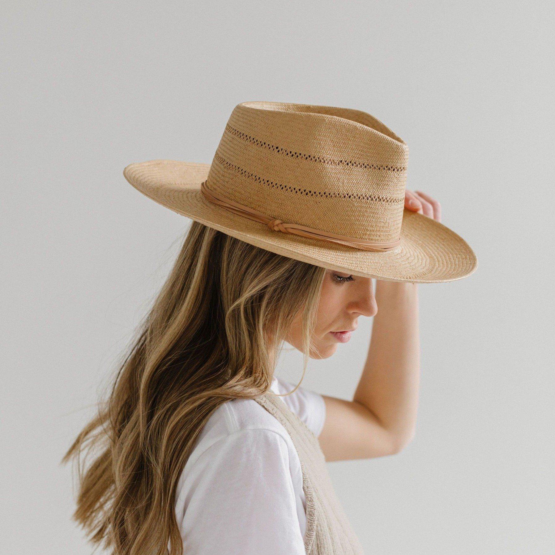 Woman wearing a honey colored straw fedora hat with a hat band and a white t-shirt, facing sideways against a plain background #color_honey