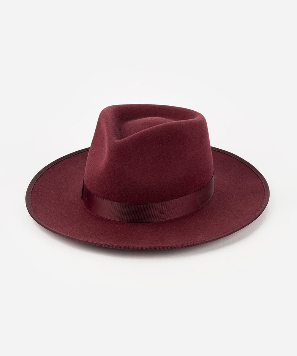 Maroon fedora hat with a wide brim on a white background #color_merlot