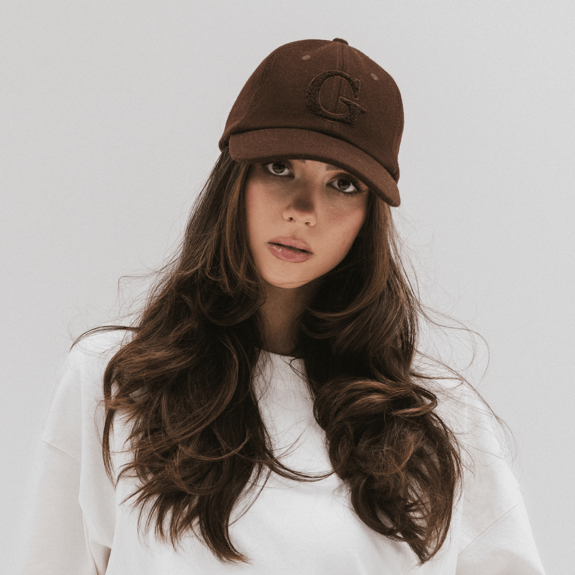 Gigi Pip ball caps for women - Carson Felt Ball Cap -  100% wool felt ball cap featuring a chenille patch G on the front + a semi-relaxed shape that's inspired by vintage dad caps [brown]