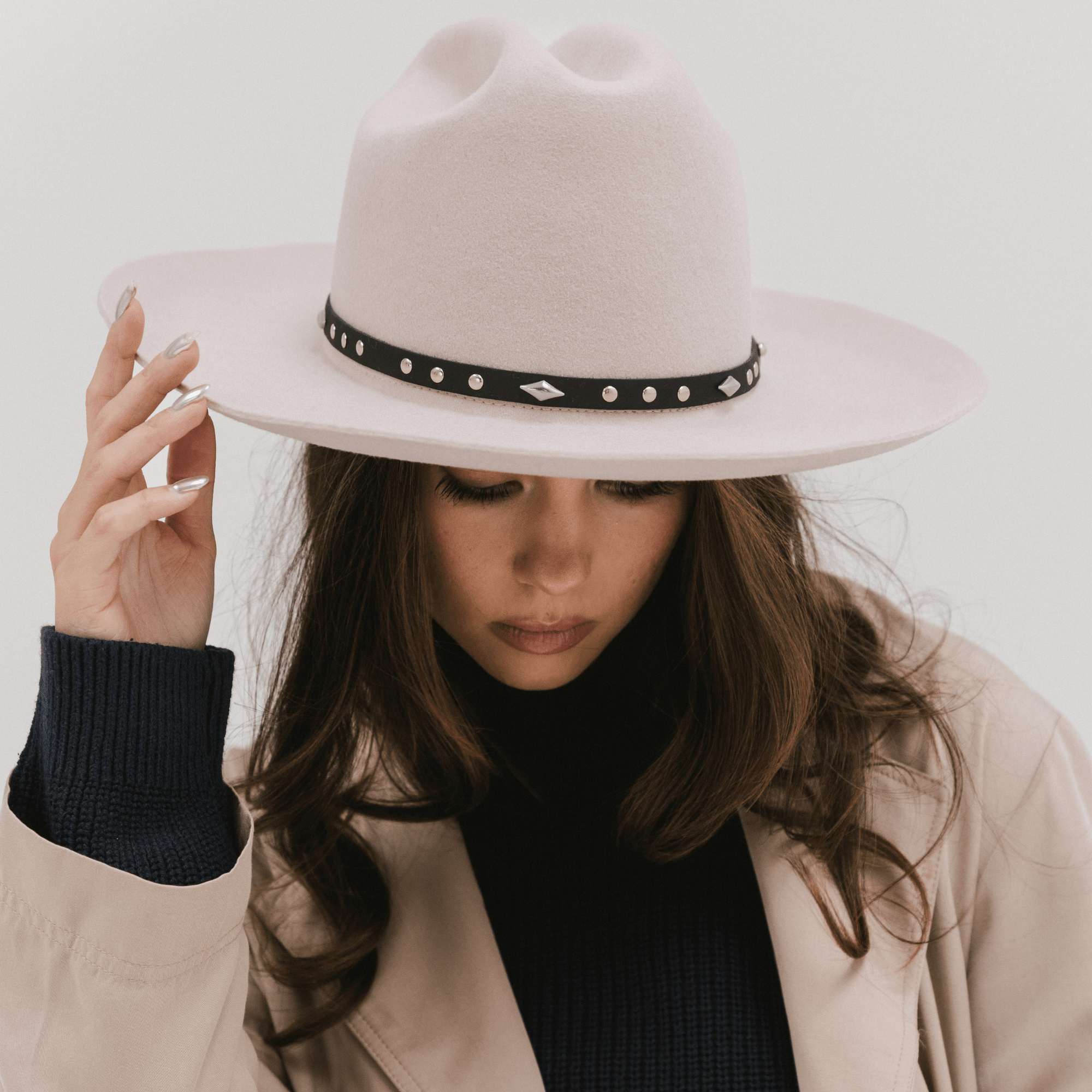 Gigi Pip hat bands + trims for women's hats - Studded Leather Band - 100% genuine leather + silver metal plated studs with a gold plated metal enclosure + gigi pip embossed detailing [nude]