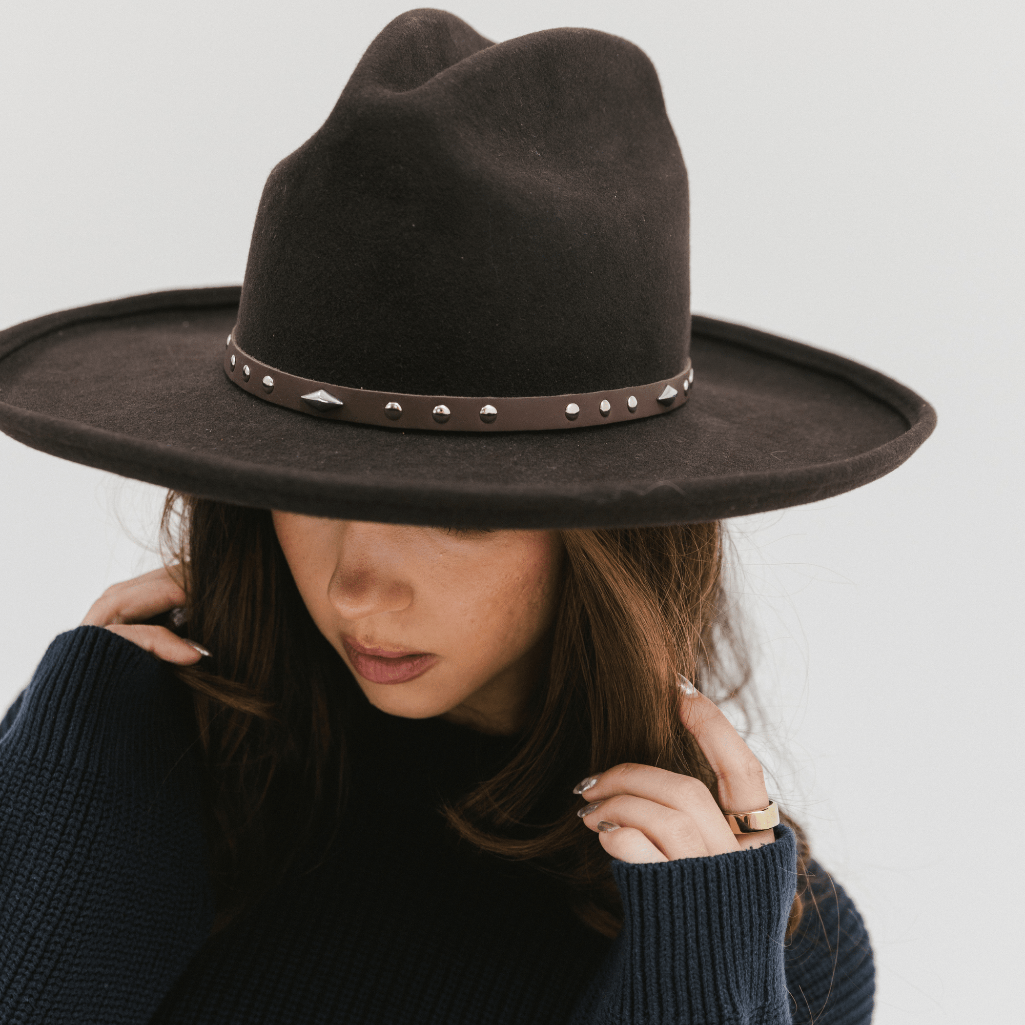 Gigi Pip hat bands + trims for women's hats - Studded Leather Band - 100% genuine leather + silver metal plated studs with a gold plated metal enclosure + gigi pip embossed detailing [nude]