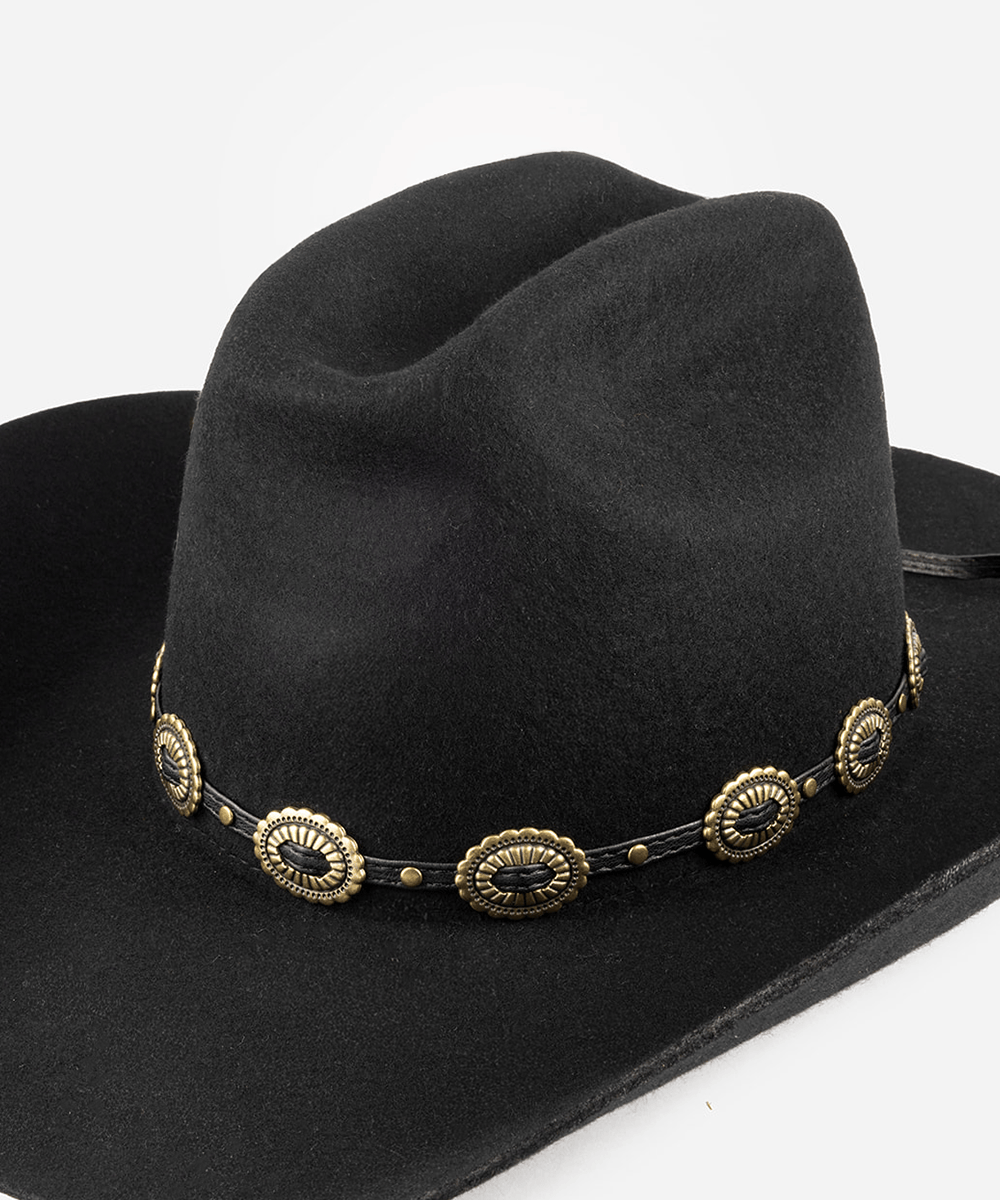 Black cowboy hat with decorative band on a white background #color_black