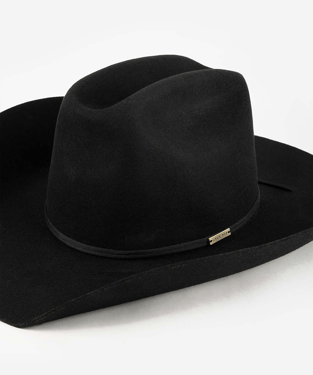 Black cowboy hat with a black grosgrain band on a white background #color_black