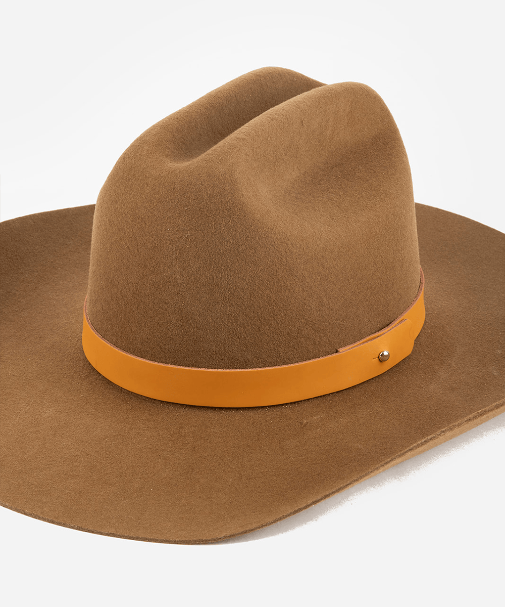 Brown cowboy hat with a cognac leather band on a white background #color_cognac