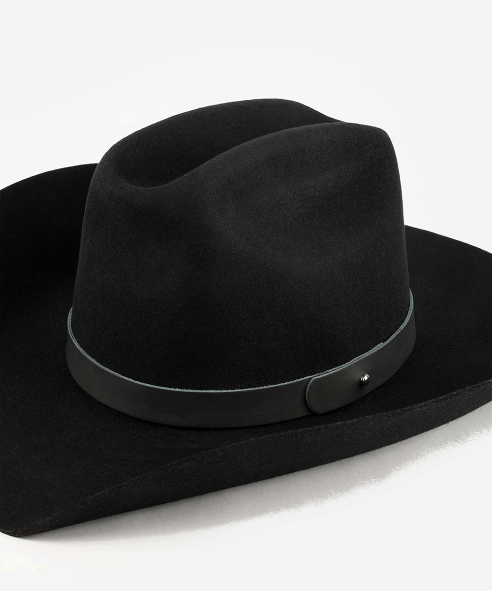 Black cowboy hat with a black leather band on a white background #color_black