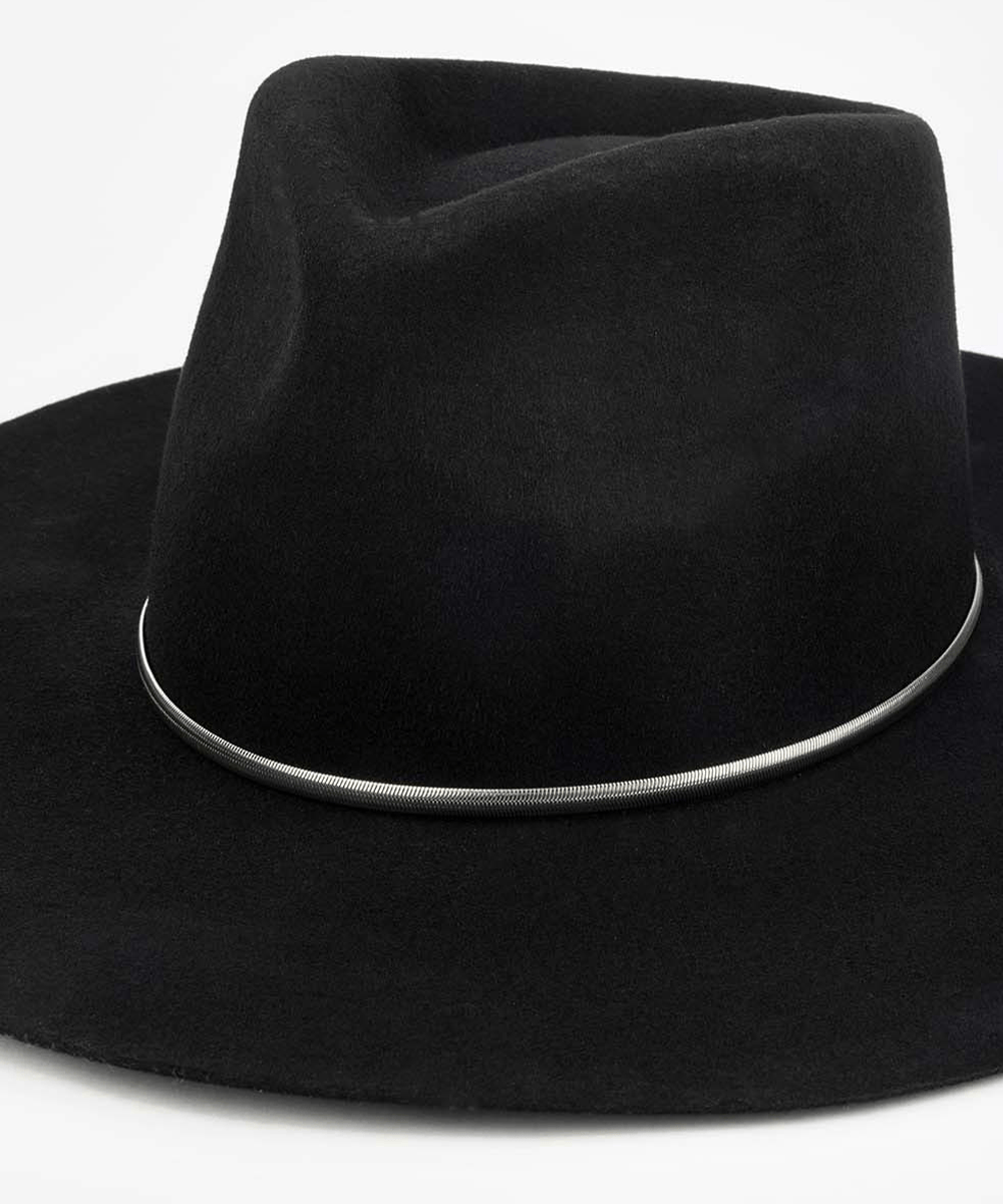 Black fedora hat with a silver herringbone chain band on a white background #color_silver