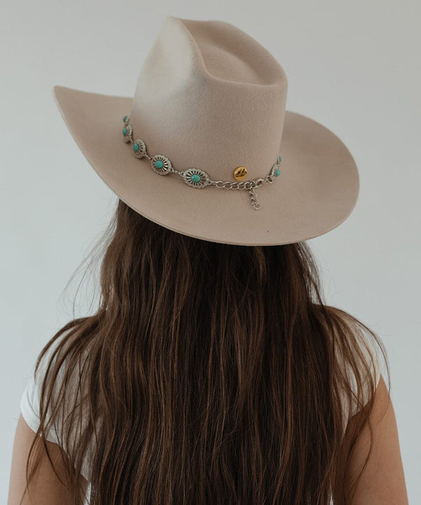 Gigi Pip hat bands + trims for women - Turquoise Concho Band - fine metal + turquoise stone concho hat band featuring an adjustable chain closure for a customized fit [silver]
