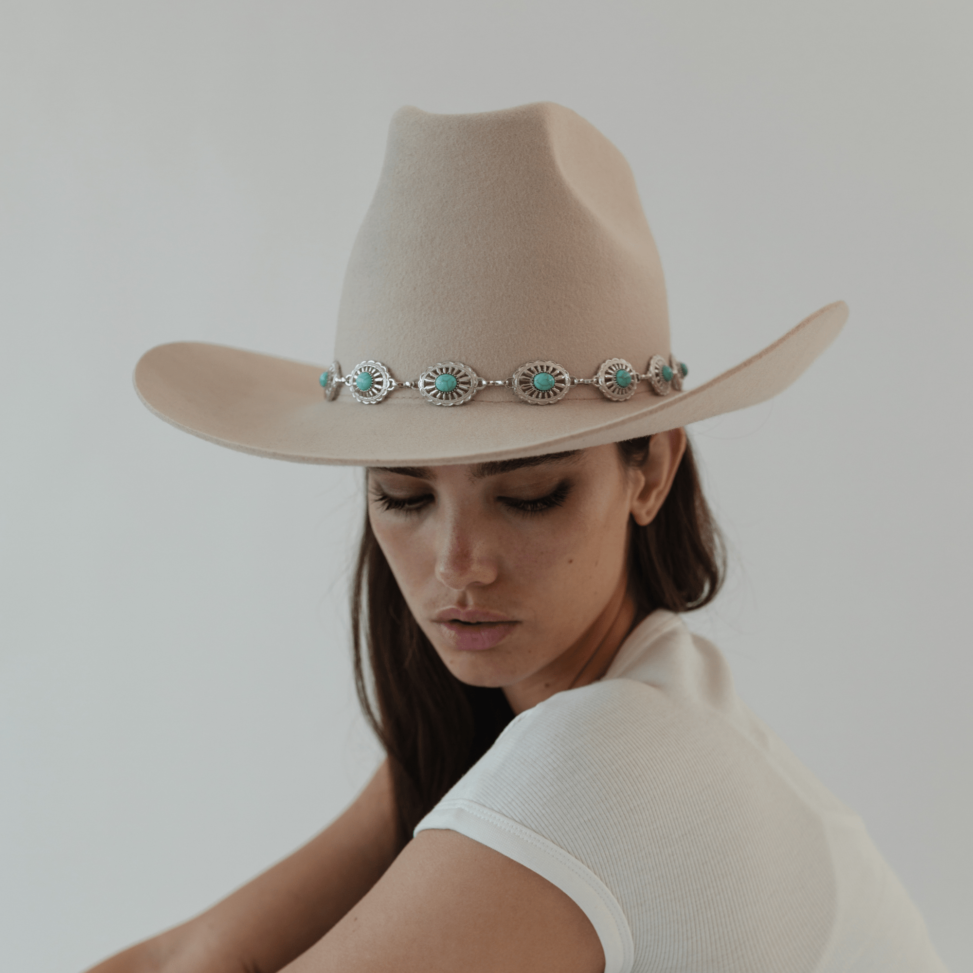 Gigi Pip hat bands + trims for women - Turquoise Concho Band - fine metal + turquoise stone concho hat band featuring an adjustable chain closure for a customized fit [silver]