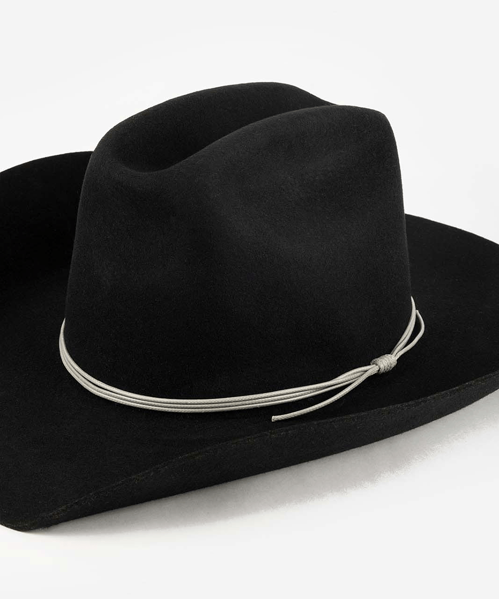 Black cowboy hat with a light grey triple strand band on a white background #color_light grey