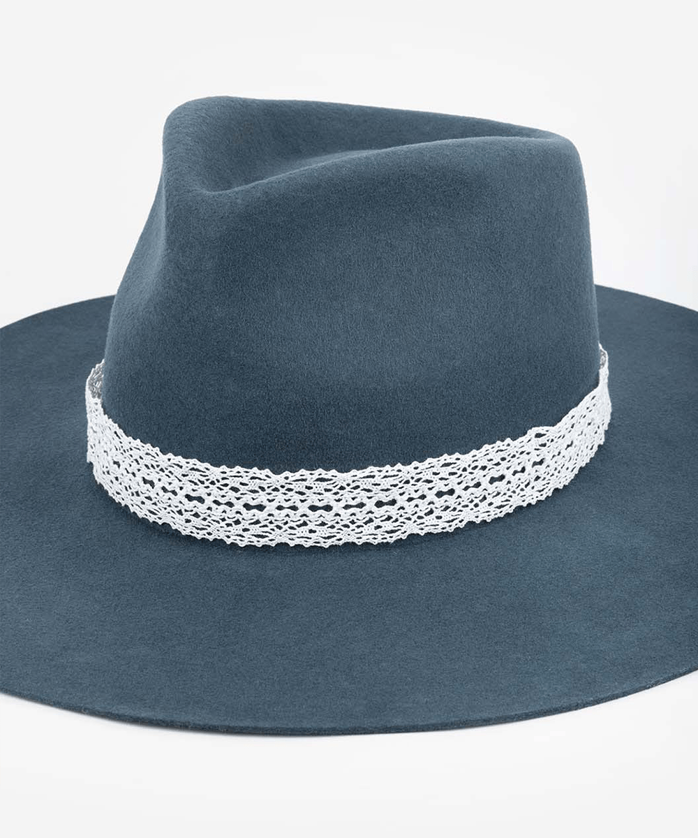 Blue fedora hat with a white lace band on a white background #color_white