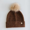 Gigi Pip beanies for kids - Milo Beanie - soft knit ribbers kid's beanie featuring a fold up brim with a rose gold Gigi Pip logo pin on the side of the fold and a pom pom on the center of the crown [chocolate brown]