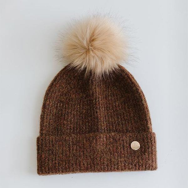 Gigi Pip beanies for kids - Milo Beanie - soft knit ribbers kid's beanie featuring a fold up brim with a rose gold Gigi Pip logo pin on the side of the fold and a pom pom on the center of the crown [chocolate brown]
