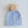 Gigi Pip beanies for kids - Milo Beanie - soft knit ribbers kid's beanie featuring a fold up brim with a rose gold Gigi Pip logo pin on the side of the fold and a pom pom on the center of the crown [periwinkle]
