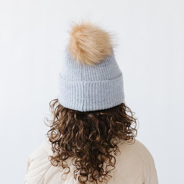 Gigi Pip beanies for kids - Milo Beanie - soft knit ribbers kid's beanie featuring a fold up brim with a rose gold Gigi Pip logo pin on the side of the fold and a pom pom on the center of the crown [periwinkle]