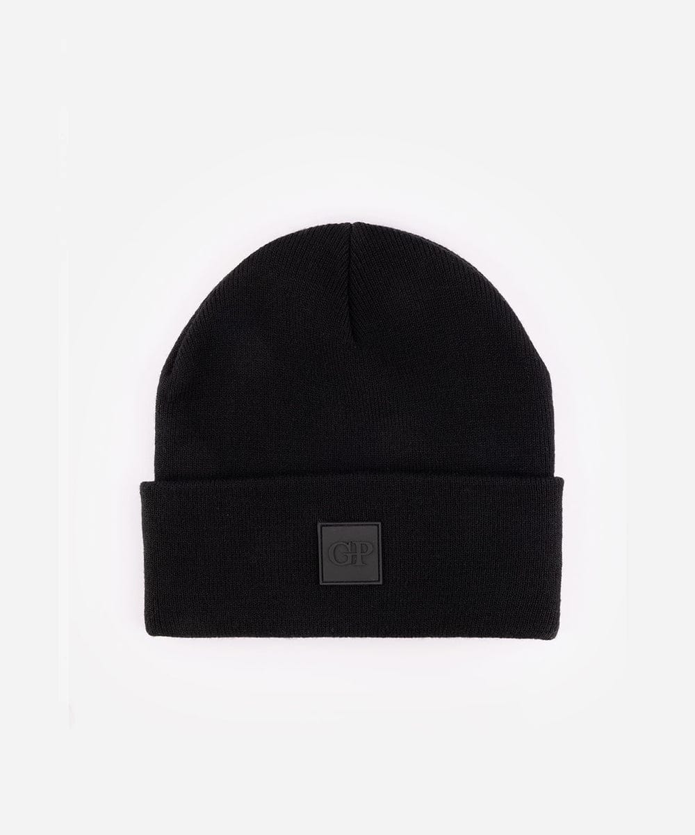 Black beanie with the brand logo on a white background #color_black
