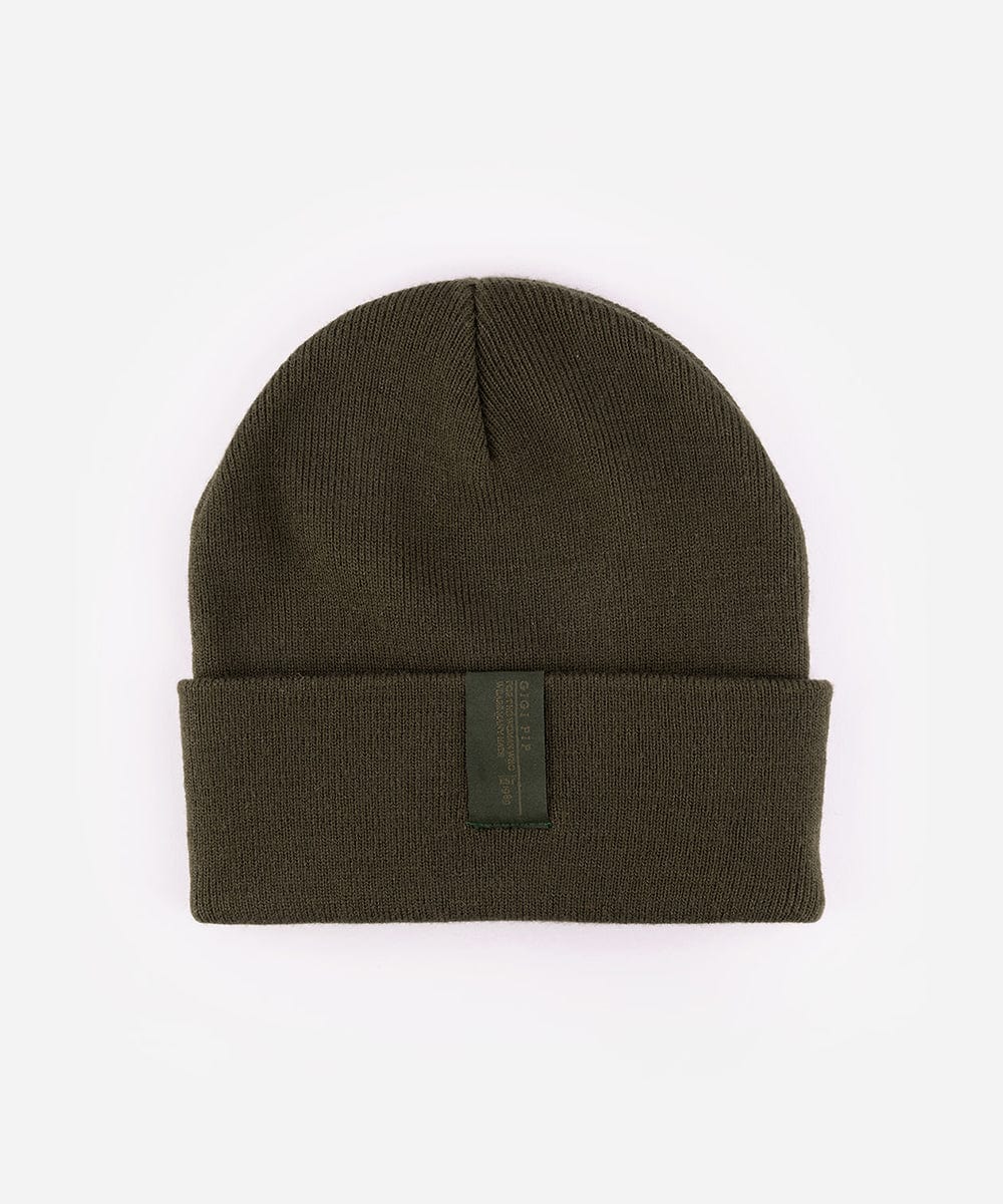 Green beanie with a patch on a white background #color_dark green