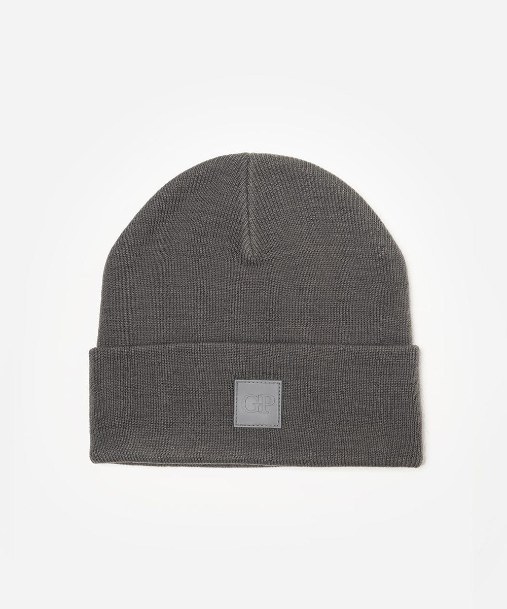 Gray beanie with a brand logo on a white background #color_grey
