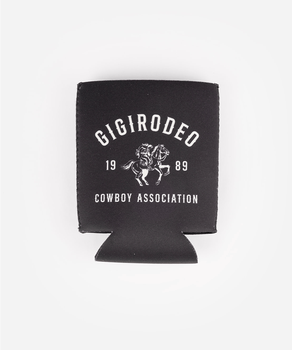 Black can sleeve with 'Gigirodeo Cowboy Association' text and logo on a white background #color_black