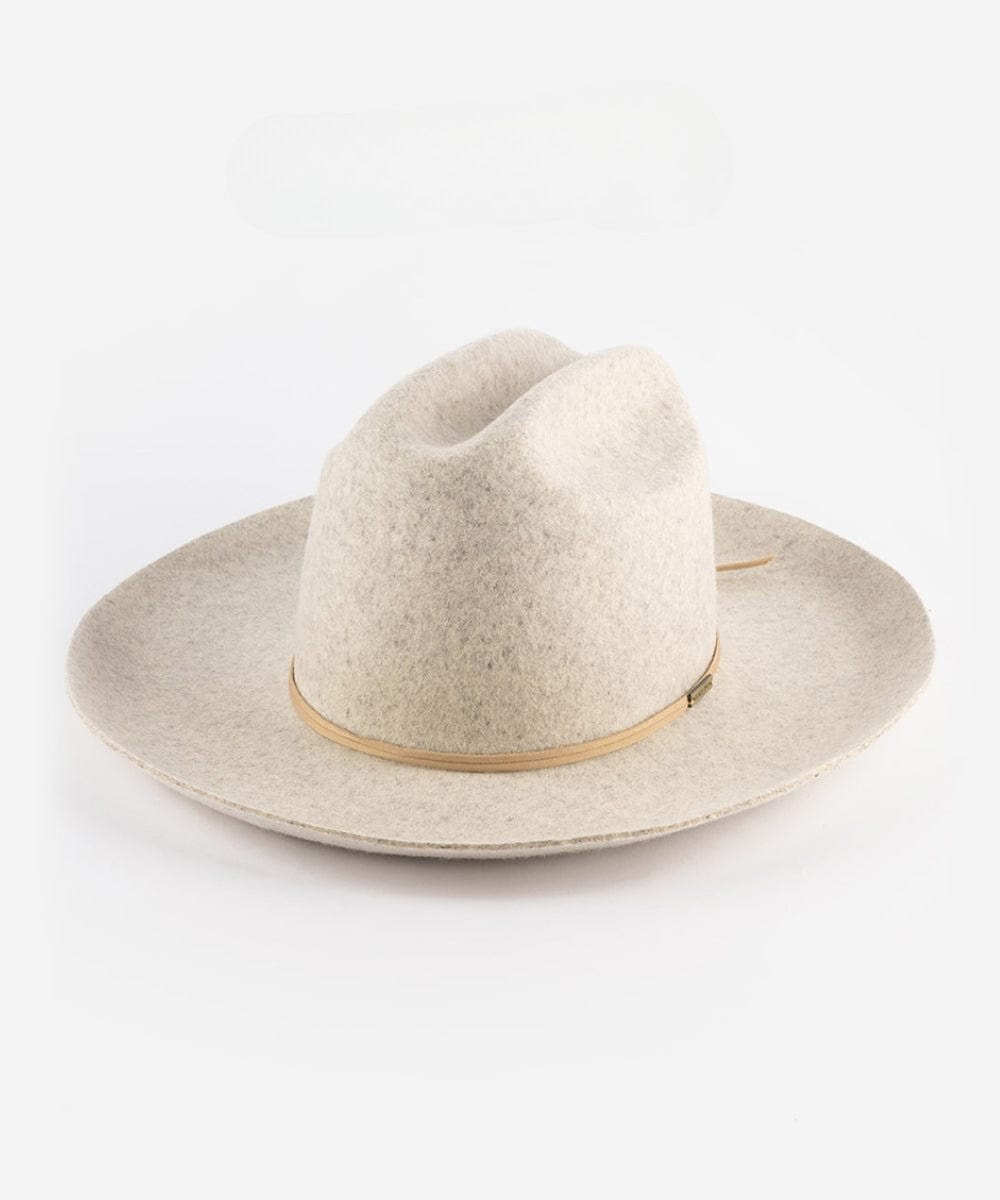 A mix grey colored wide brim felt hat with a hat band on a plain background #color_mix grey