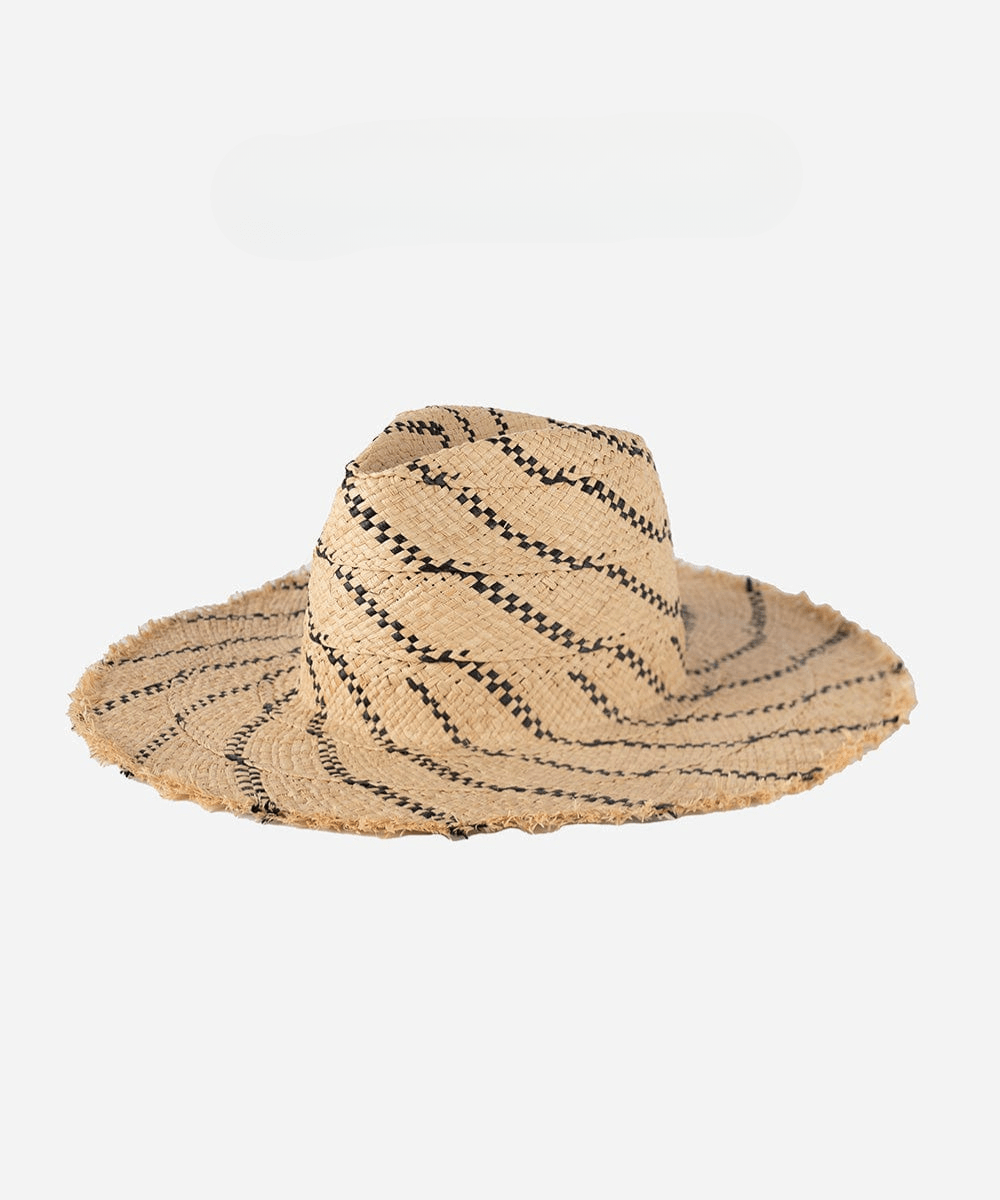 A natural colored straw hat with black patterns on a white background #color_natural/black