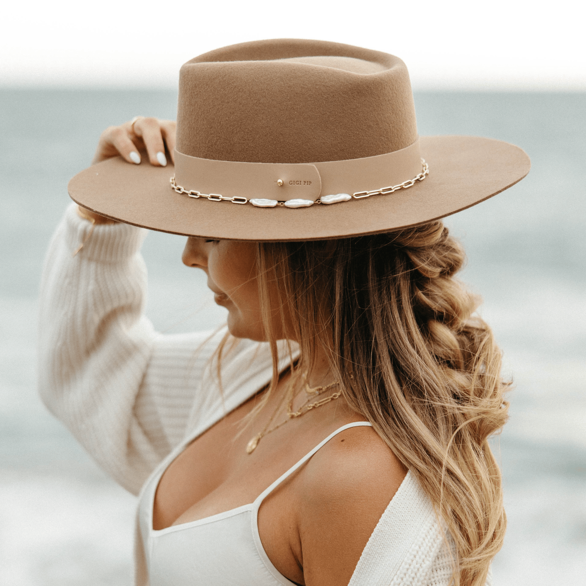 Gigi Pip limited edition hats for women - Dakota Triangle Crown Brown - stiff, flat wide brim + a triangle crown featuring a wide genuine leather hat band + a gold pearl chain hat band [brown]