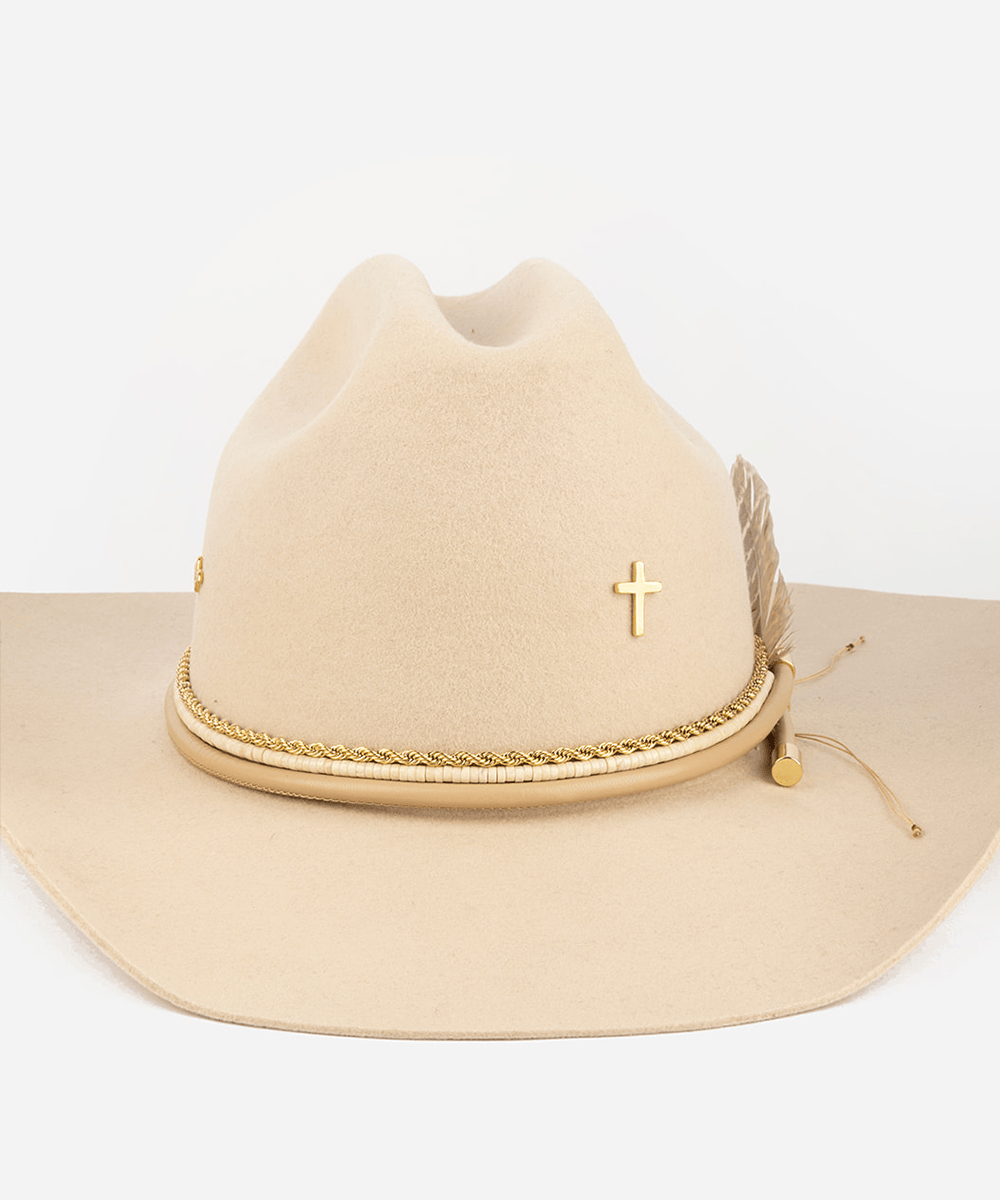 Beige cowboy hat with gold band and cross on a white background #color_gold