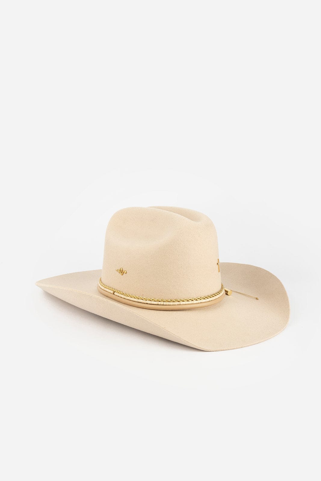 Beige cowboy hat with a wide brim on a white background #color_gold