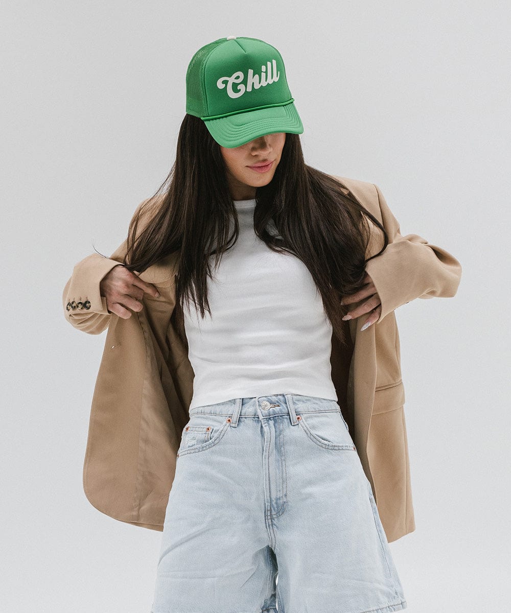 Gigi Pip trucker hats for women - Chill Foam Trucker Hat - 100% polyester foam + mesh trucker hat with a curved brim featuring the word "Chill" as a design across the front panel [vintage green]