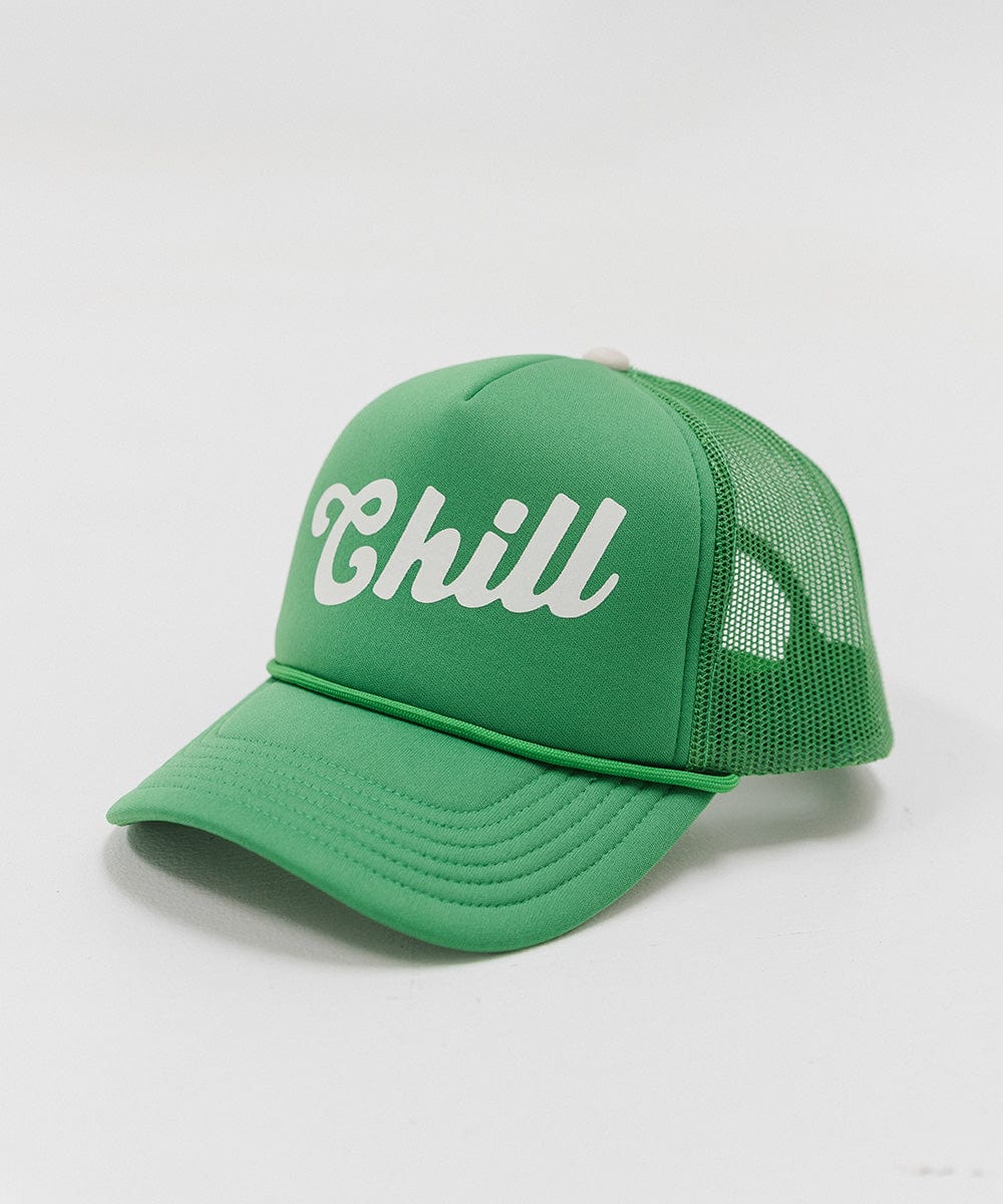 Gigi Pip trucker hats for women - Chill Foam Trucker Hat - 100% polyester foam + mesh trucker hat with a curved brim featuring the word "Chill" as a design across the front panel [vintage green]