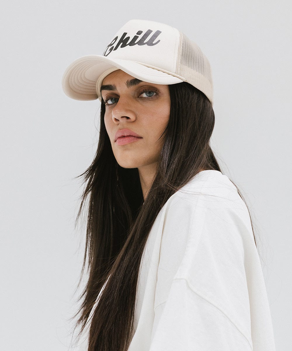 Gigi Pip trucker hats for women - Chill Foam Trucker Hat - 100% polyester foam + mesh trucker hat with a curved brim featuring the word "Chill" as a design across the front panel [cream]