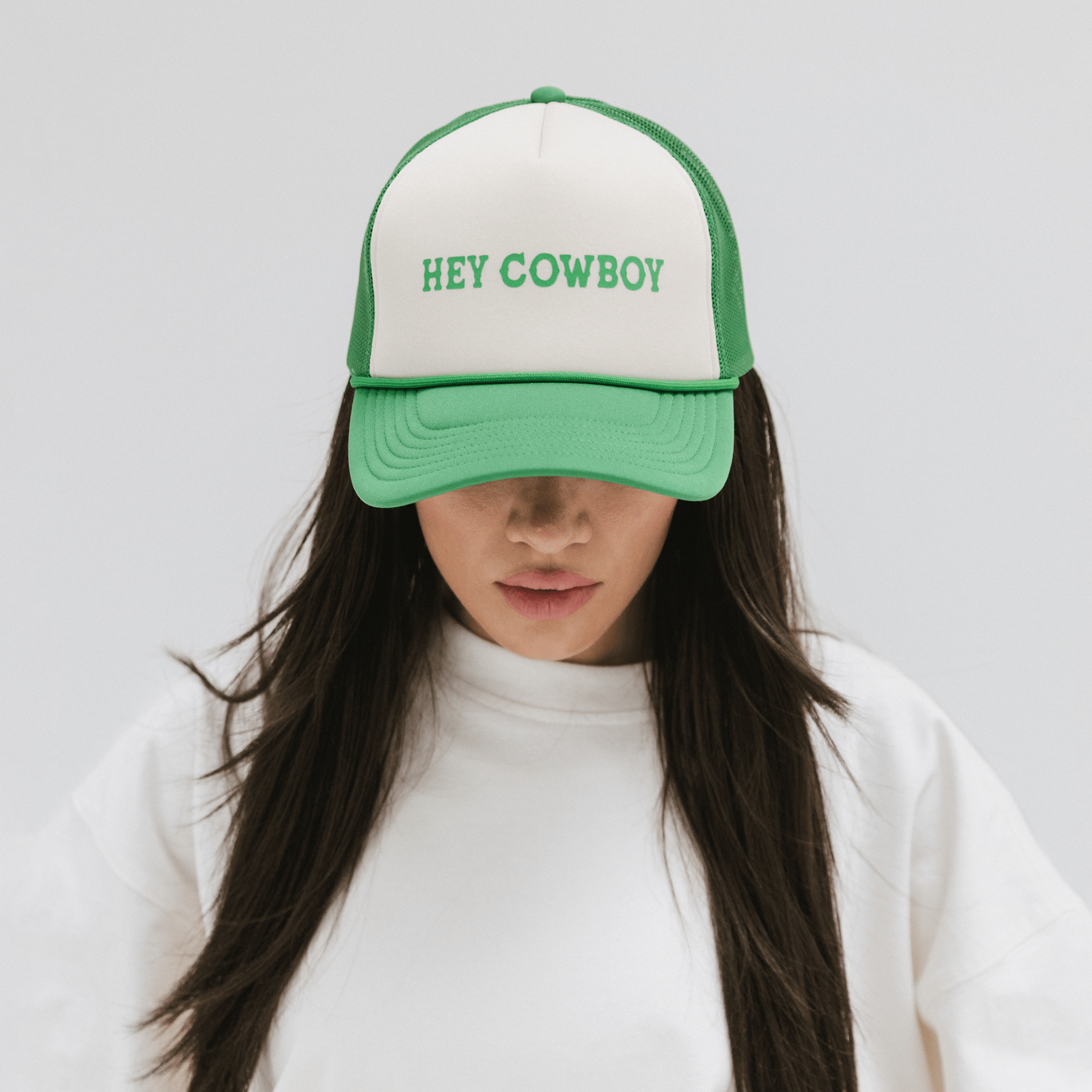 Gigi Pip trucker hats for women - Hey Cowboy Foam Trucker Hat - 100% polyester foam + mesh trucker hat with a curved brim featuring the words "hey cowboy" in a contrasting color as a design across the front panel [cream-chocolate brown]
