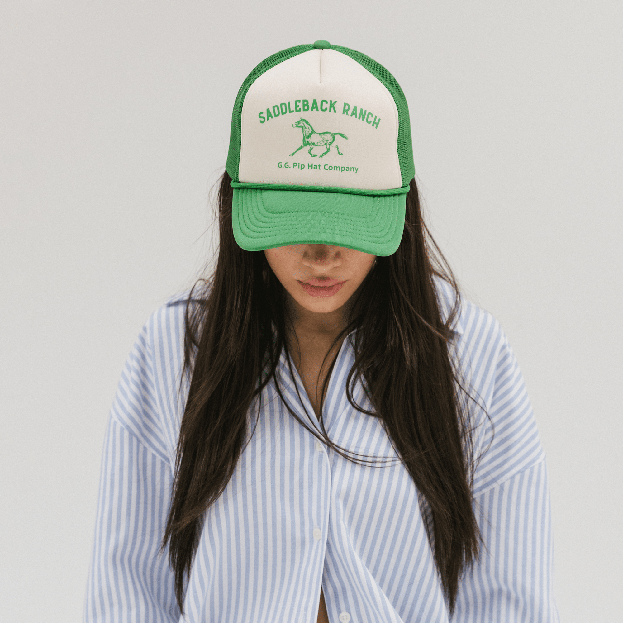 Gigi Pip trucker hats for women - Saddleback Foam Trucker Hat - 100% polyester foam + mesh trucker hat with a curved brim featuring the words 